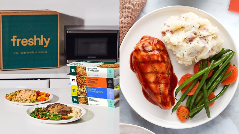 On left, several Freshly meal packages stacked on a countertop next to plated meals, with Freshly box in background. On right, a plate of BBQ chicken, mashed potatoes, and green beans.
