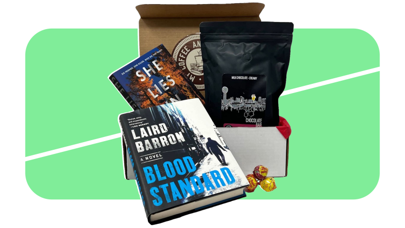 A My Coffee And Book Club subscription box filled with books and a bag of coffee grounds on a green background.