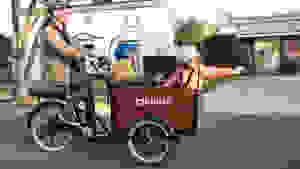 一个男人踩着一辆束自行车，两个孩子坐在货舱里
