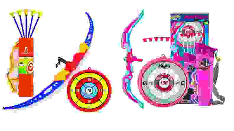 Colorful children's archery sets with targets, arrow quiver and bows.