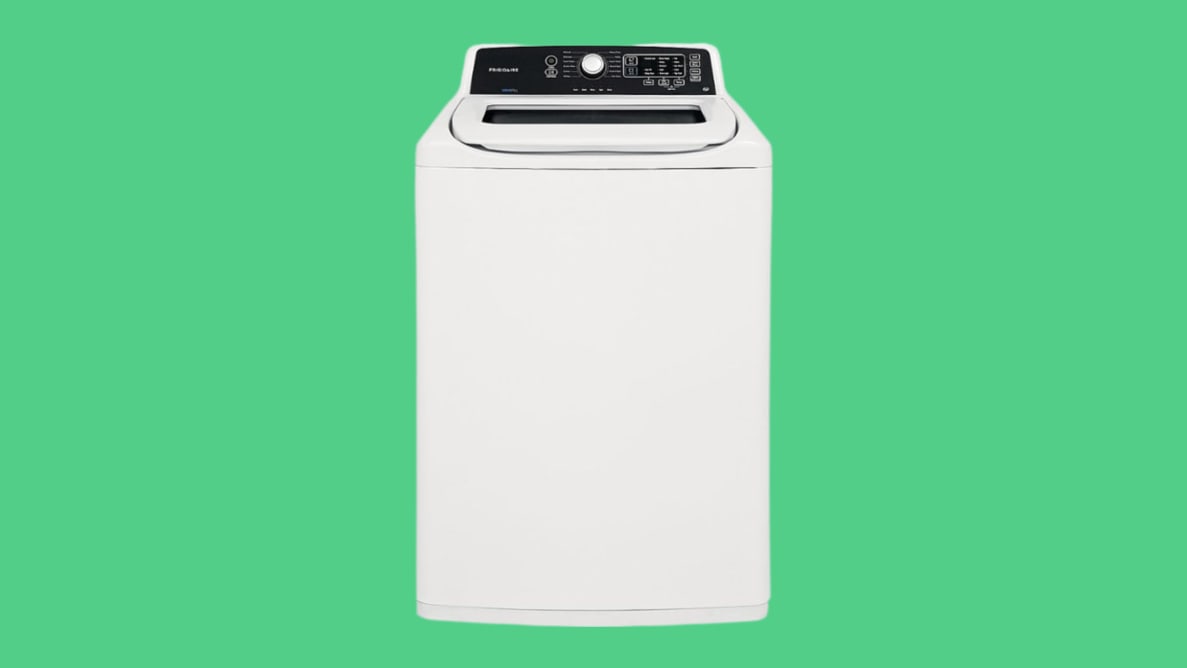 The Frigidaire FFTW4120SW top-load washing machine sits on a green background