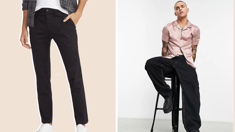 Collage of a pair of black chinos, and a satin pink short-sleeve shirt.