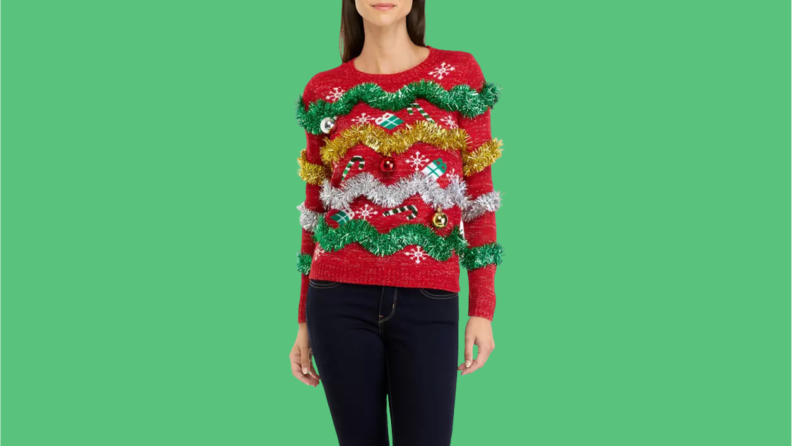 Collage of a woman wearing a red ugly Christmas sweater covered in tinsel.