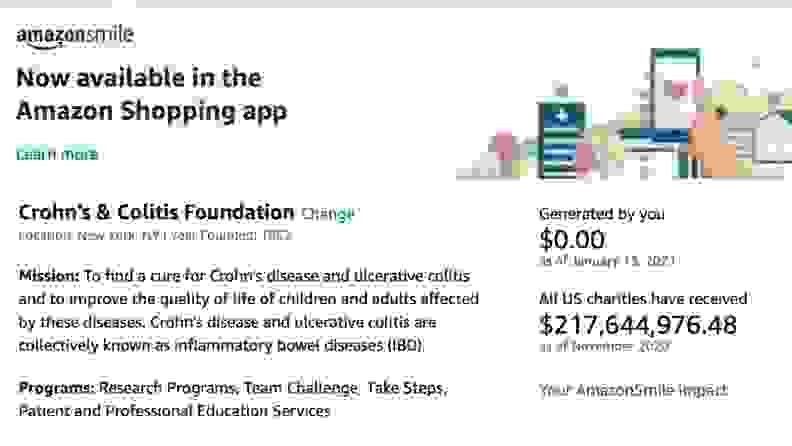 Screenshot of the Amazon Smile charitable-shopping program.