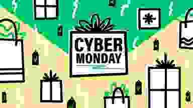 The words "Cyber Monday"  with presents surrounding it