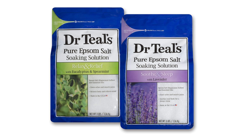 Two bath salt packages—one with lavender, and one with eucalyptus and spearmint