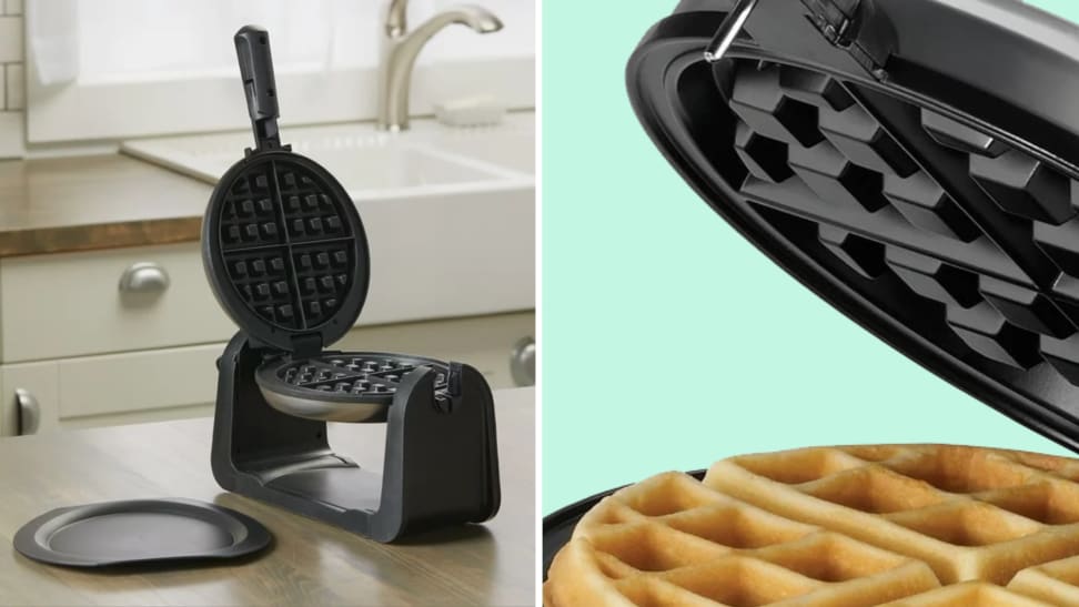 A collage with a Black & Decker Belgian waffle maker from afar and up close.