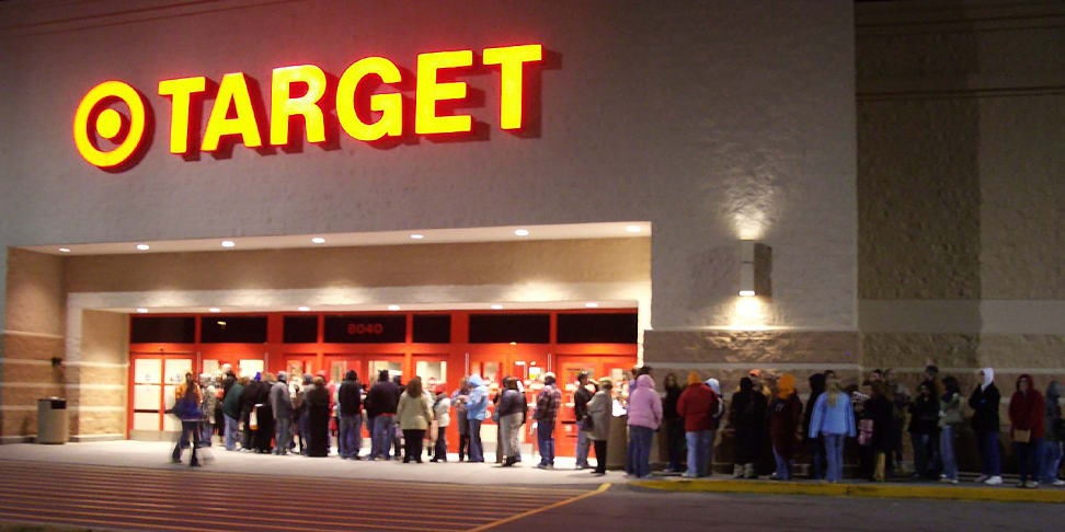 Customers line up outside a Target store on Black Friday