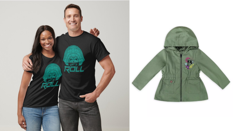 A couple wearing Raya shirts next to a green girl's jacket