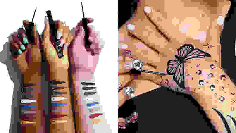 左边:三个不同肤色的手臂，上面画着彩色眼线。右边:用眼线笔画在手上的蝴蝶图案。