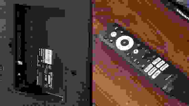 A collage of the back of the TV showing off its ports and a close-up of the remote.