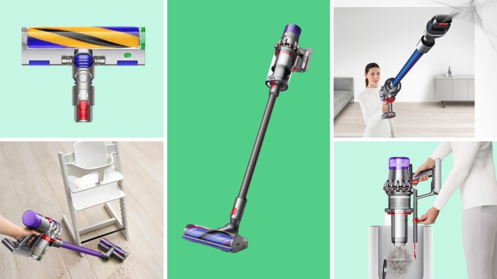 A collage of discounted Dyson vacuums on a colorful background.