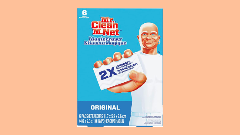 Mr. Clean magic erasers against a peach background