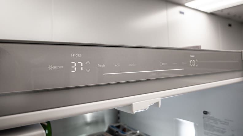Temperature control display on top of the Bosch B36FD50SNS French-door Refrigerator.