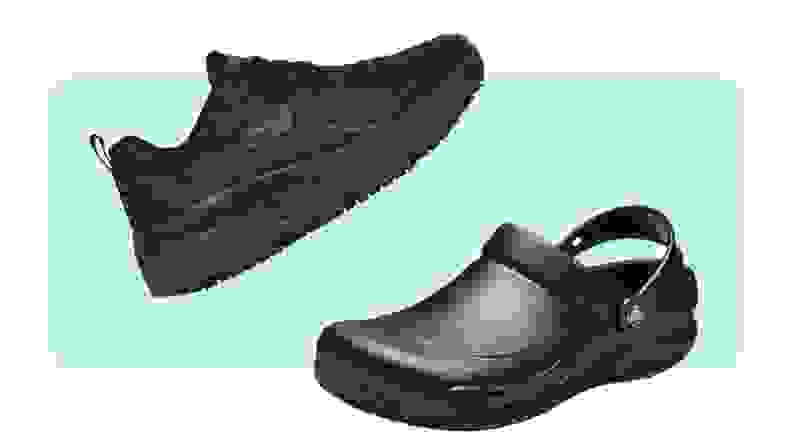 Black Max Cushioning Elite SR shoes next to Dansko Neci clogs on a colorful background
