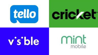 Four phone plan logos - Tello, Cricket, Visible, and Mint Mobile