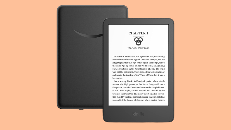 A Kindle tablet on an orange background.