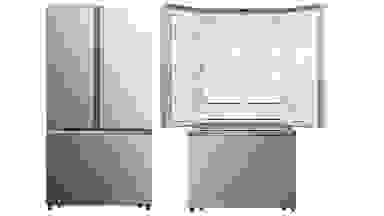 A side-by-side of two Hisense HRF266N6CSE French-door refrigerators. The left one is closed and the right one is open, showcasing its empty interior.