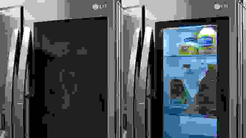 This is a two part image. On the left is a close-up of an LG InstaView refrigerator, with its front panel darkened. On the right that same panel is lit up, letting you see all the items stored on the door inside.