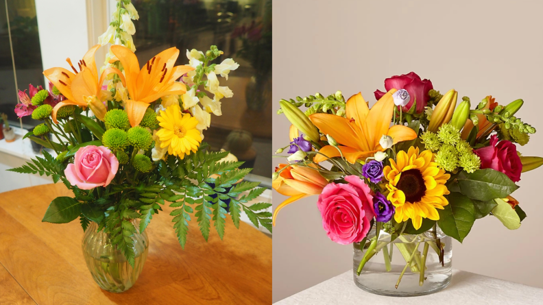 Bouquet of flowers on table and against grey background