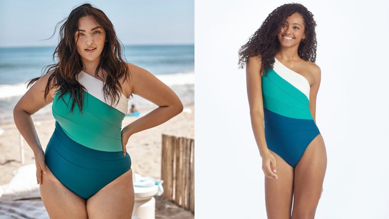 Model displaying tri-color one-piece swimsuit.