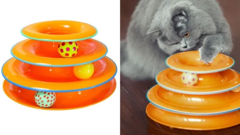An image of the Cat Tracks toy in orange with several balls inside alongside an image of a cat with the toy.