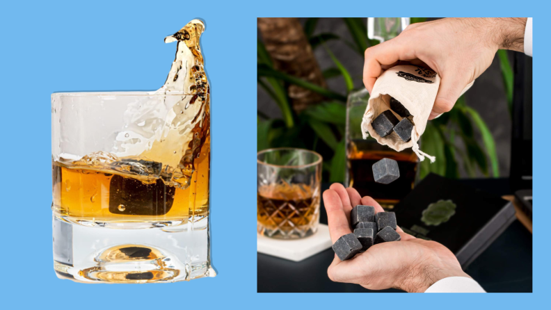 A glass of whiskey with a whiskey stone and a set of whiskey stones poured into a palm on a blue background.