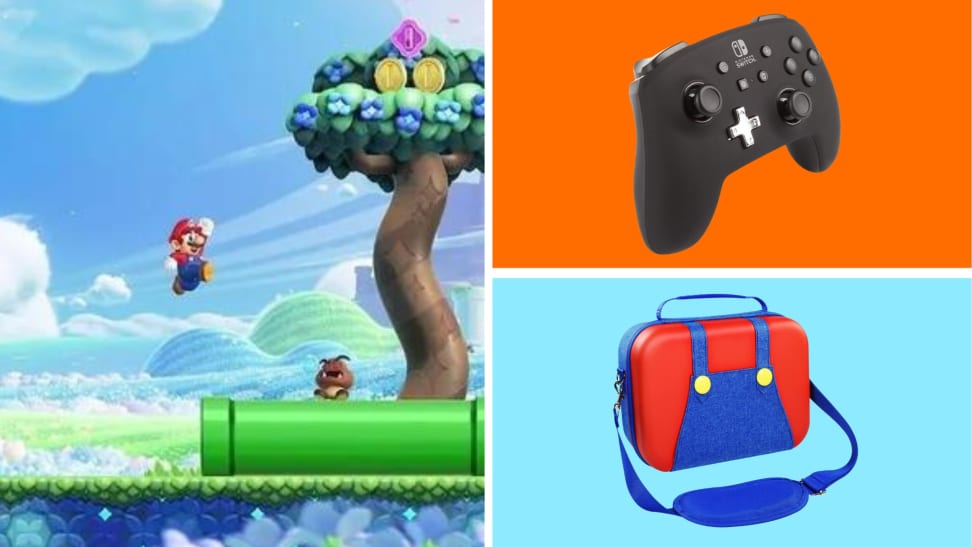 A screensh0t from the "Super Mario Bros. Wonder" video game next to two Nintendo Switch accessories in front of colored backgrounds.