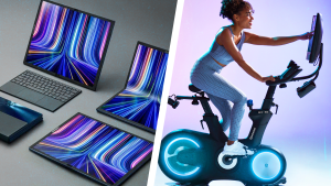 一组笔记本电脑和一个骑着健身自行车的女人的拼贴画，上面还挂着“CES编辑之选”的徽章