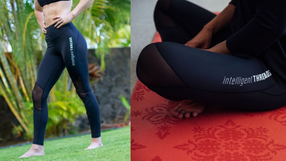 On left, person wearing leggings outdoors with hands on hips. On right, person sitting on ground with legs crossed.