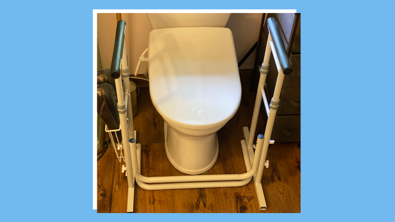 Close-up of a toilet with the support frame.