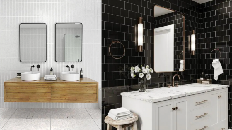 On the left, two mirrors with a black outline mounted on a white tile wall. On the right, a bathroom with black subway tile with a white sink and a mirror mounted on the wall.