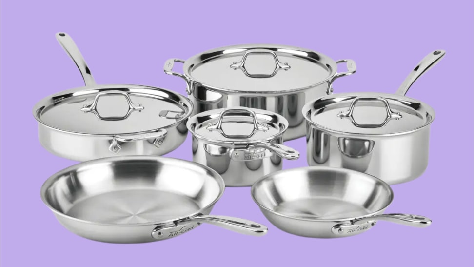 An image of ten individual stainless steel pots and pans from All-Clad.