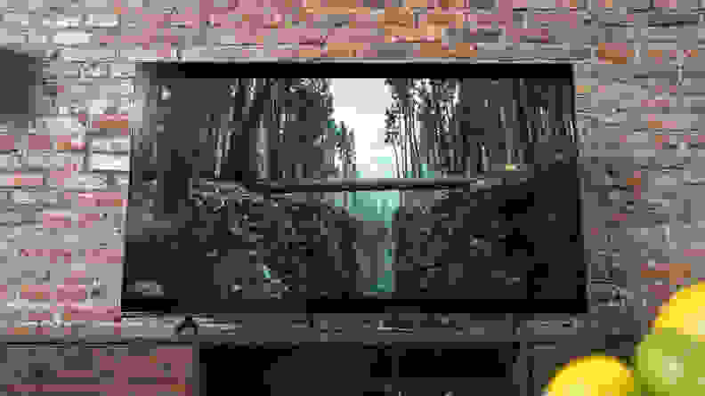 The TV sits on a table, showing a scene of a cloudy forest