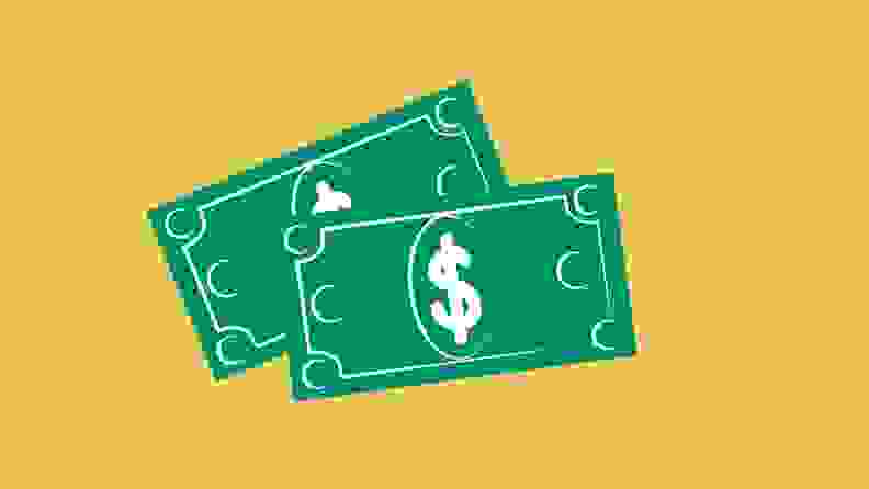 Illustrated dollar bills on a yellow background