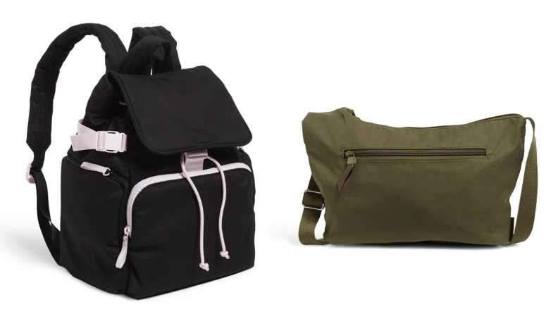 Lana Condor bradned black backpack, green slingbag