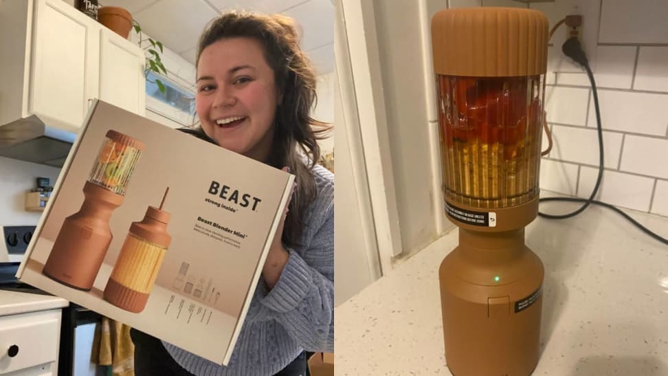 Photo collage of person smiling while holding the box for the Beast Blender Mini and brown Beast Blender Mini on countertop in front of white tile wall.