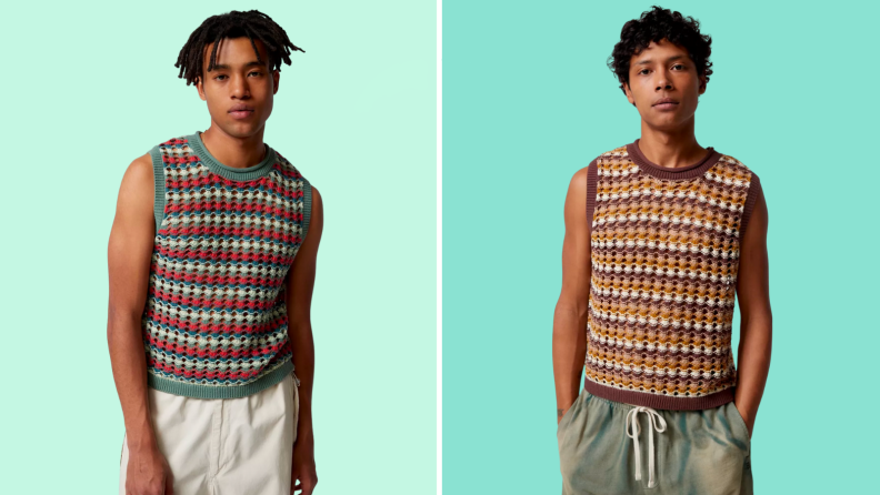 Two images of the same open-knit sweater vest in a striped pattern, one in blue, green and red and the other in yellow, brown, and white.