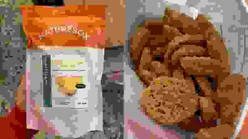 Left: An outstretched hand holds a white and orange package of Lemon Turmeric Cookies, featuring a photo of bright yellow cookies on the front. Right: A photograph of the inside of the Lemon Turmeric Cookie bag, where you can see that the actual cookies are more orange and less uniform in size.