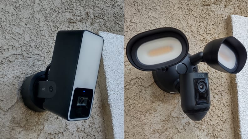 The Eve Cam Outdoor smart floodlight next to the Ring Floodlight Cam Wired Pro.