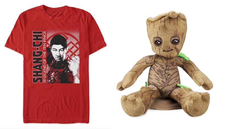 red tshirt on left, mini Groot (tree person) plush on right