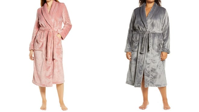 People wearing pink and gray plush robes.