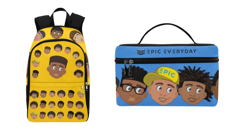 On the left: A yellow backpack with drawings of Black children's faces. On the right: A blue lunch bag with drawings of smiling Black children.