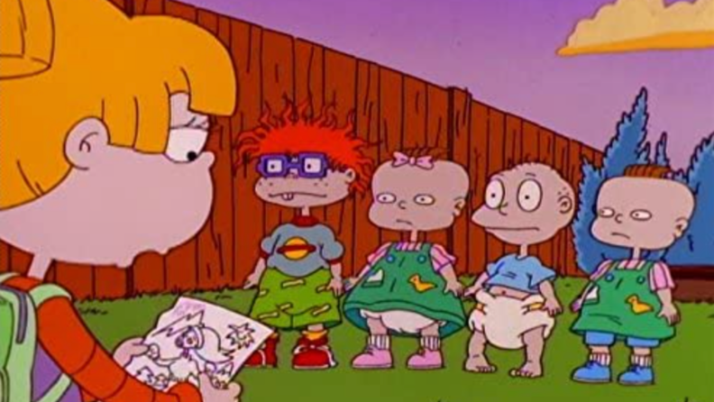 A still from Rugrats featuring all the baby characters.