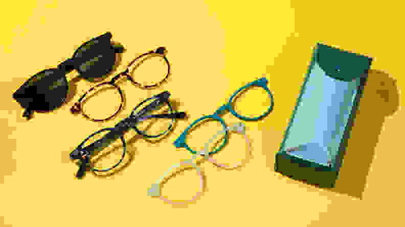 Eyeglasses and case on yellow background