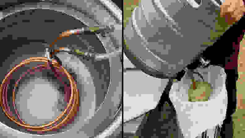 A composite of two images. The left half shows the wort chiller in the kettle. It looks almost like a slinky made out of copper tubing. Its two ends are sticking up and attached to an inlet and outlet hose respectively. The right half of the image shows my dad pouring the kettle out into our fermentation jug. He has a few layers of cheese cloth stretched out over the top to help filter out some of those hops.