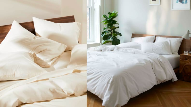 Two images of cream and white sheets on a bed.