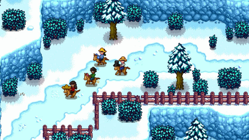 A screenshot of Stardew Valley, showing player characters riding horses across a snowy landscape.