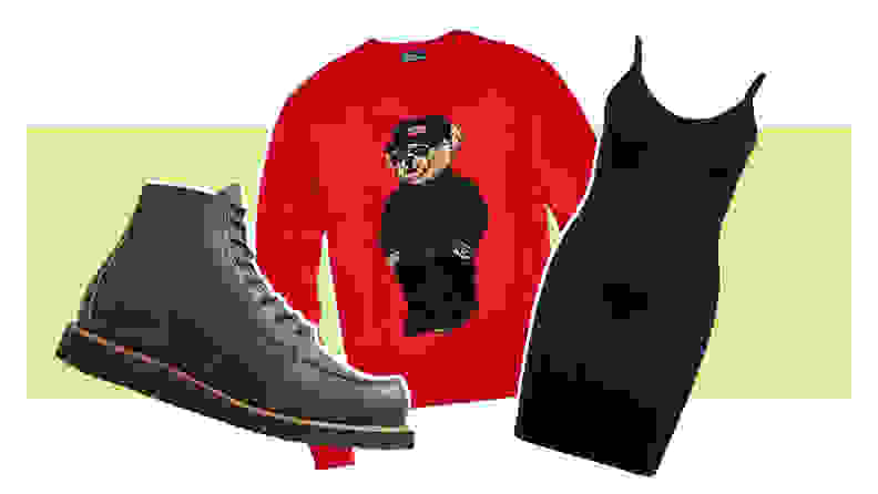 Collage of a pair of green boots, a red sweater with the Polo Bear pattern, and a black dress.