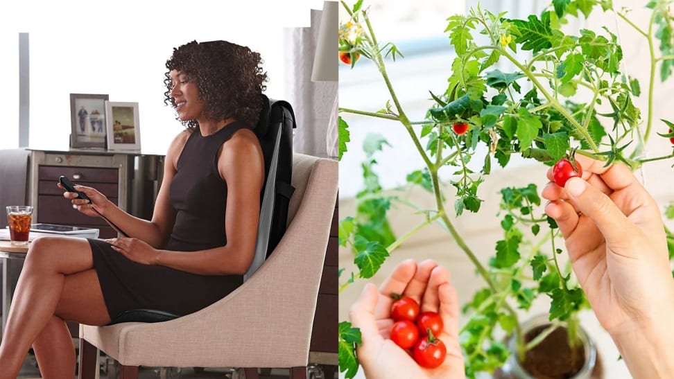 Woman using a massage cushion and person picking tomatoes.